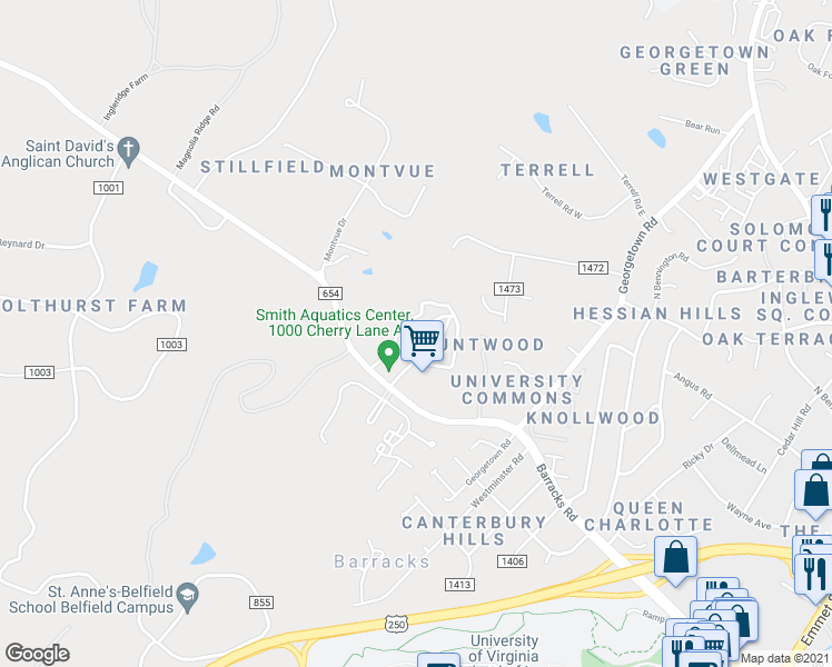 map of restaurants, bars, coffee shops, grocery stores, and more near Saponi Lane in Charlottesville