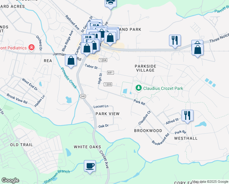 map of restaurants, bars, coffee shops, grocery stores, and more near 5665-5731 County Road 1204 in Crozet