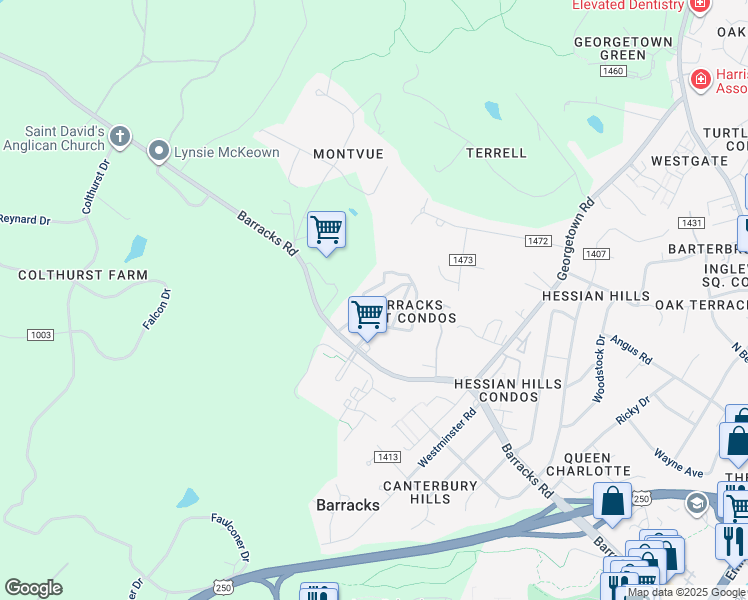 map of restaurants, bars, coffee shops, grocery stores, and more near 245 Saponi Lane in Charlottesville