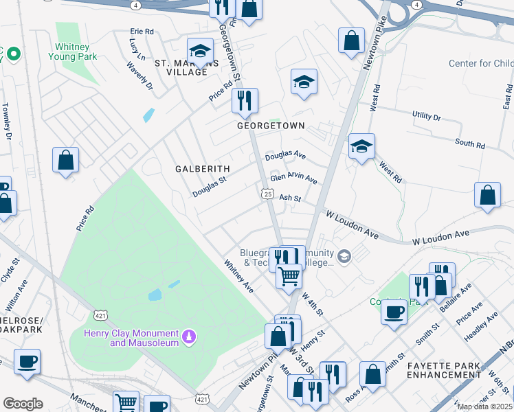 map of restaurants, bars, coffee shops, grocery stores, and more near Ash Street in Lexington