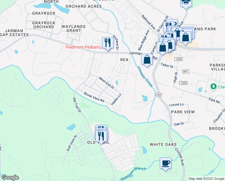 map of restaurants, bars, coffee shops, grocery stores, and more near 8230 West End Drive in Crozet