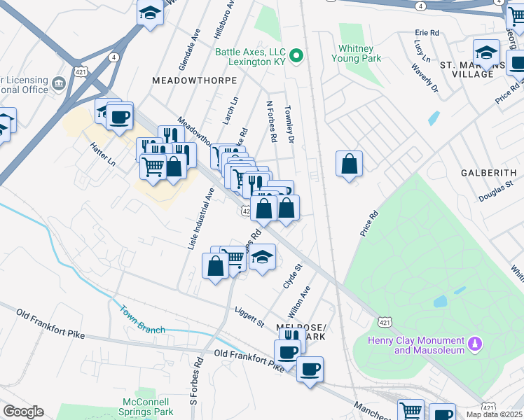 map of restaurants, bars, coffee shops, grocery stores, and more near 1417 Leestown Srv Road in Lexington