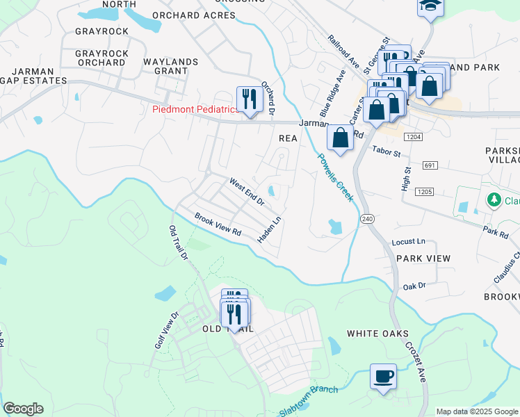 map of restaurants, bars, coffee shops, grocery stores, and more near 8230 West End Drive in Crozet