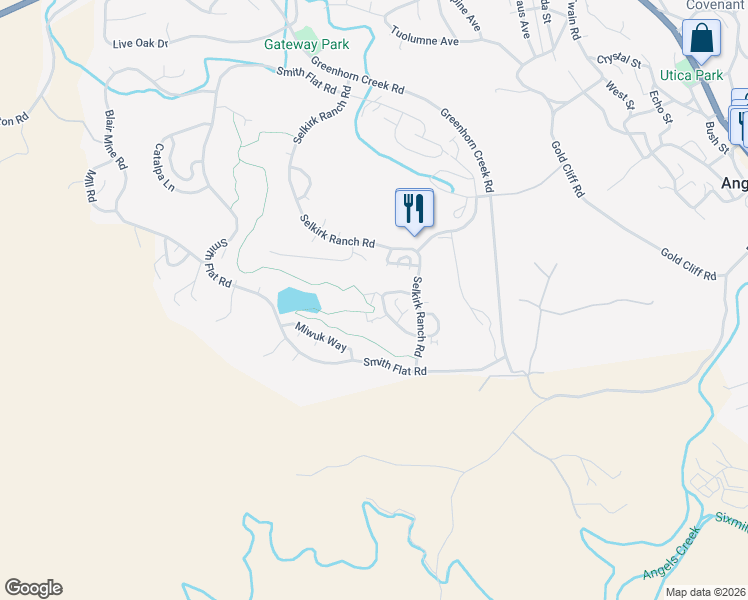 map of restaurants, bars, coffee shops, grocery stores, and more near 777 Grinding Rock Road in Angels Camp