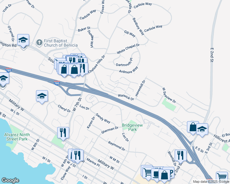 map of restaurants, bars, coffee shops, grocery stores, and more near 100 Sunset Circle in Benicia