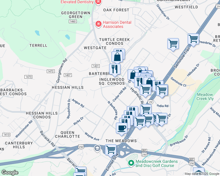 map of restaurants, bars, coffee shops, grocery stores, and more near 2306 Shelby Drive in Charlottesville