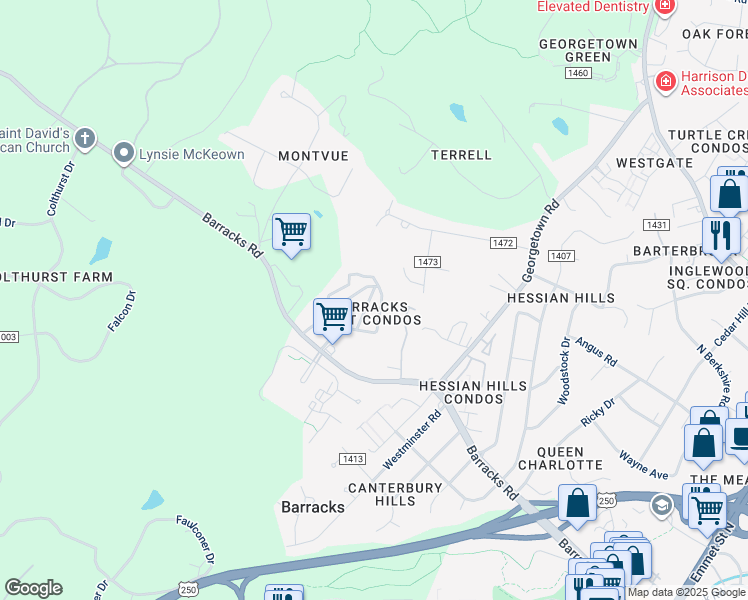 map of restaurants, bars, coffee shops, grocery stores, and more near 825 Runnel Court in Charlottesville
