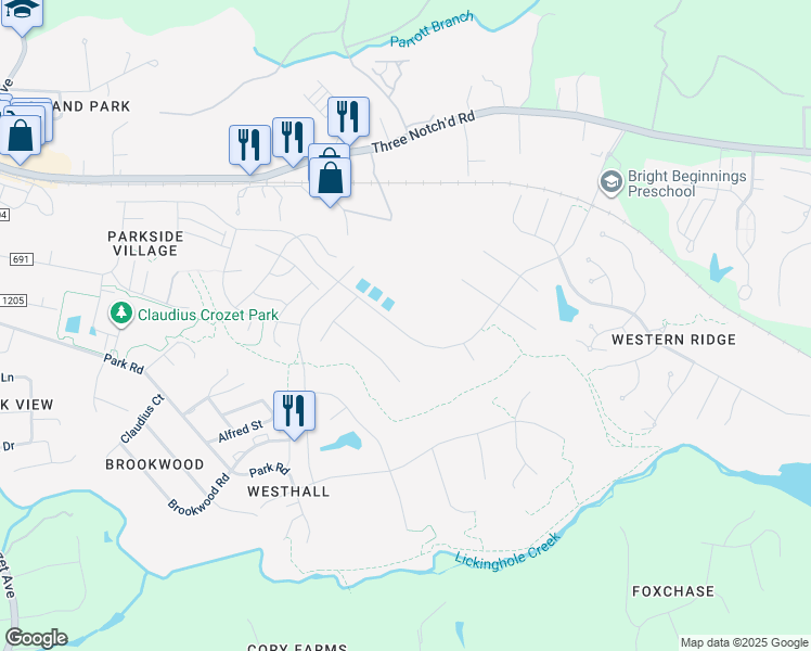 map of restaurants, bars, coffee shops, grocery stores, and more near 968 Park Ridge Drive in Crozet