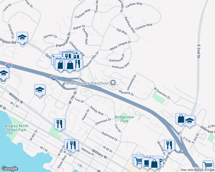 map of restaurants, bars, coffee shops, grocery stores, and more near 100 Sunset Circle in Benicia