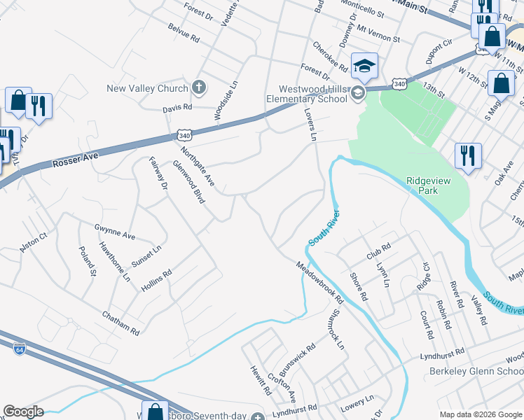 map of restaurants, bars, coffee shops, grocery stores, and more near 828 Meadowbrook Road in Waynesboro