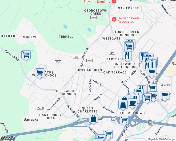 map of restaurants, bars, coffee shops, grocery stores, and more near 150 North Bennington Road in Charlottesville