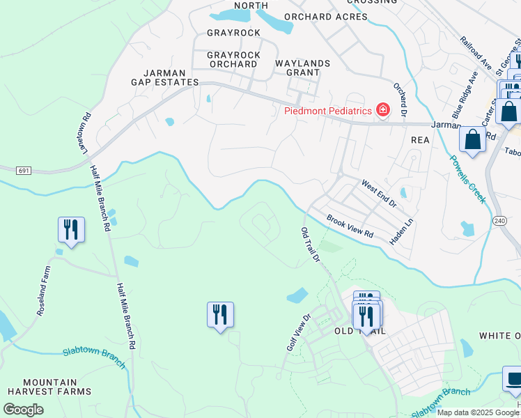 map of restaurants, bars, coffee shops, grocery stores, and more near 6558 Woodbourne Lane in Crozet