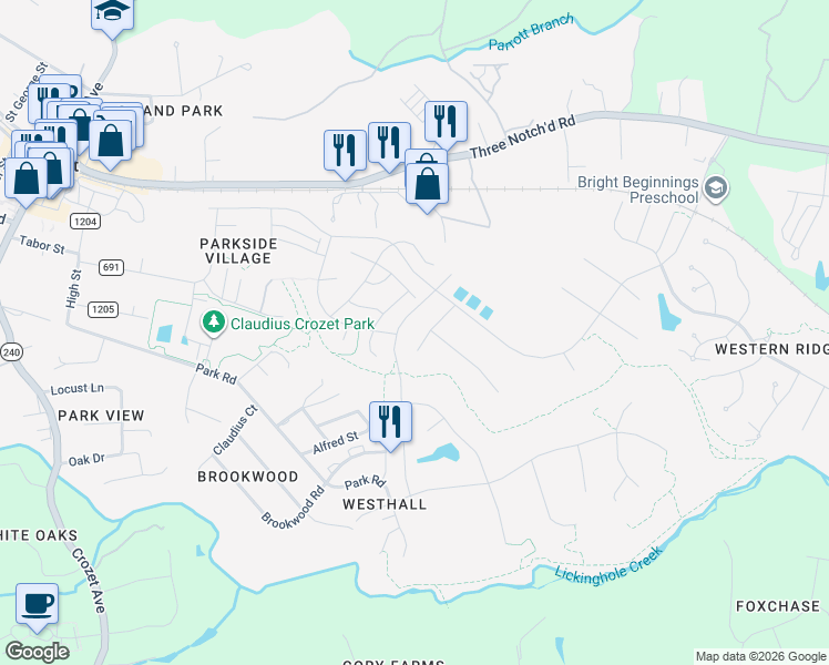 map of restaurants, bars, coffee shops, grocery stores, and more near 5428 Leon Lane in Crozet