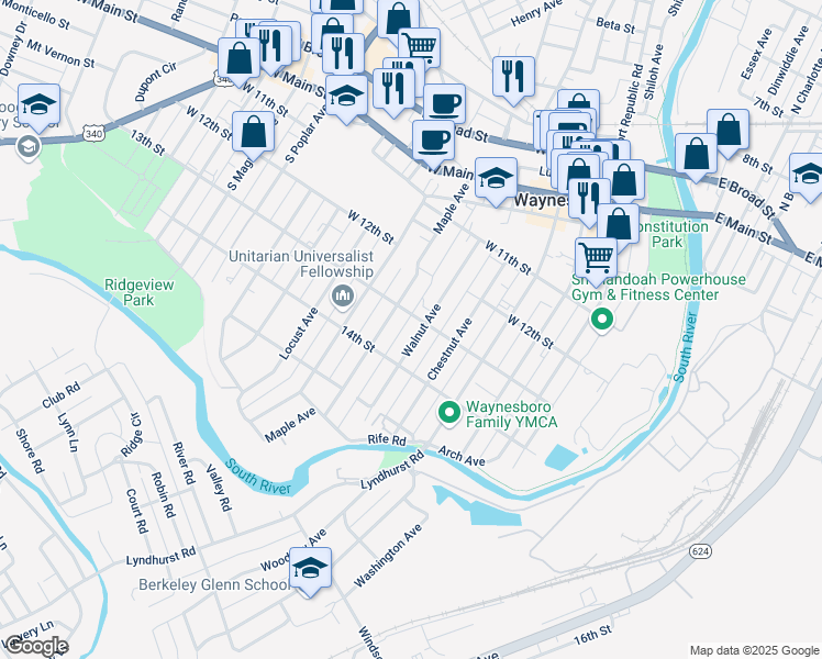 map of restaurants, bars, coffee shops, grocery stores, and more near 517 Walnut Avenue in Waynesboro