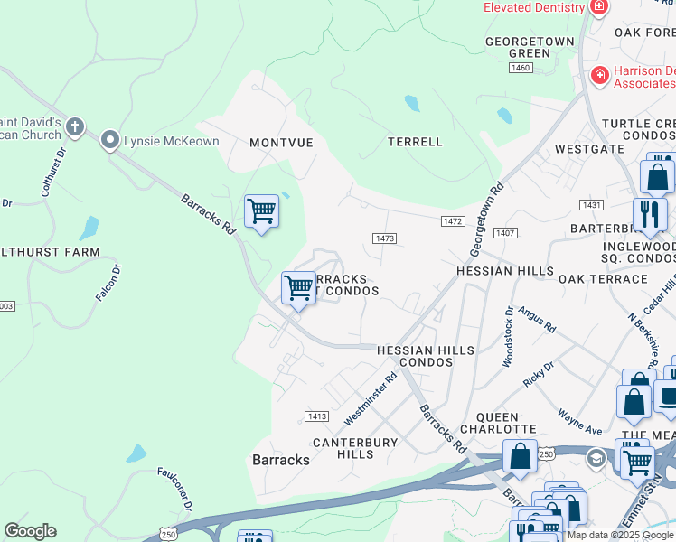 map of restaurants, bars, coffee shops, grocery stores, and more near 825 Runnel Court in Charlottesville