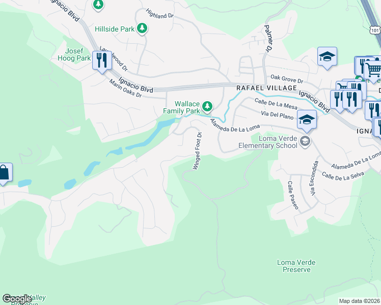 map of restaurants, bars, coffee shops, grocery stores, and more near 99 Carnoustie Heights in Novato