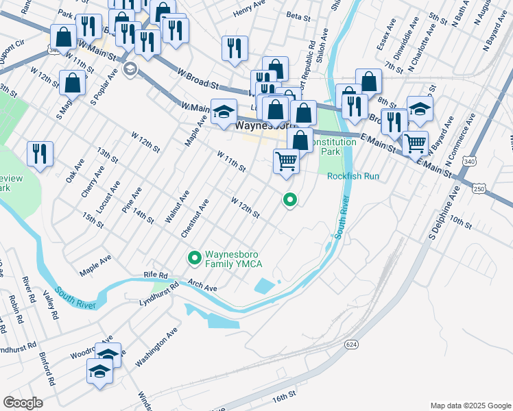 map of restaurants, bars, coffee shops, grocery stores, and more near 305 West 12th Street in Waynesboro