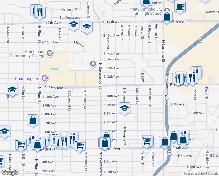 map of restaurants, bars, coffee shops, grocery stores, and more near 909 East 11th Avenue in Hutchinson