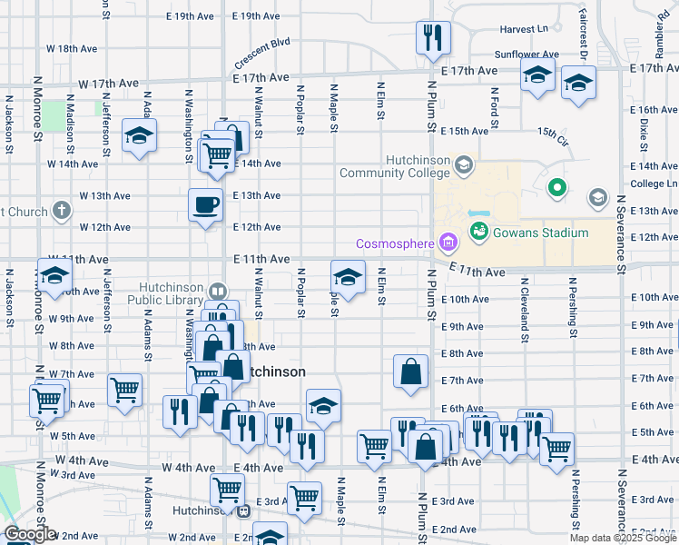 map of restaurants, bars, coffee shops, grocery stores, and more near 306 East 10th Avenue in Hutchinson