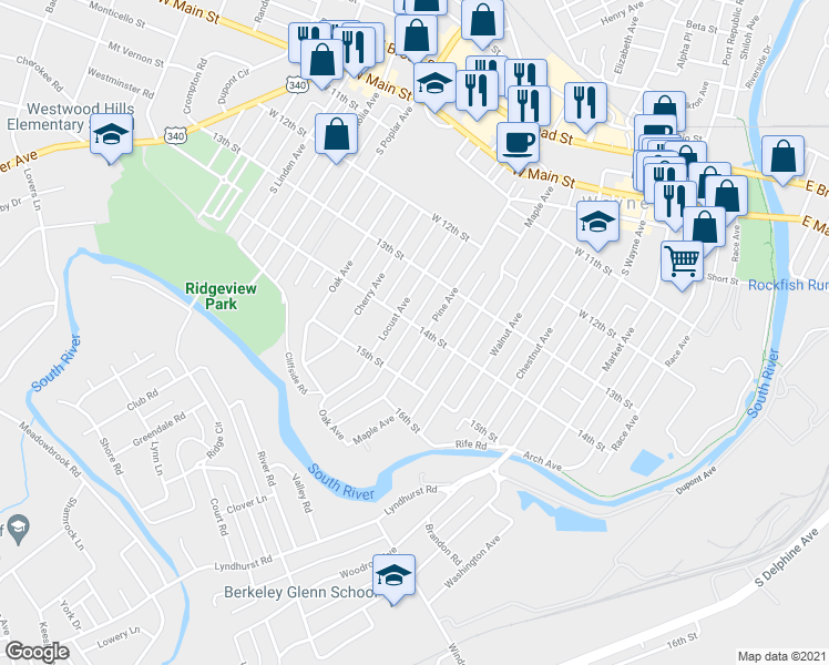 map of restaurants, bars, coffee shops, grocery stores, and more near 900 14th Street in Waynesboro
