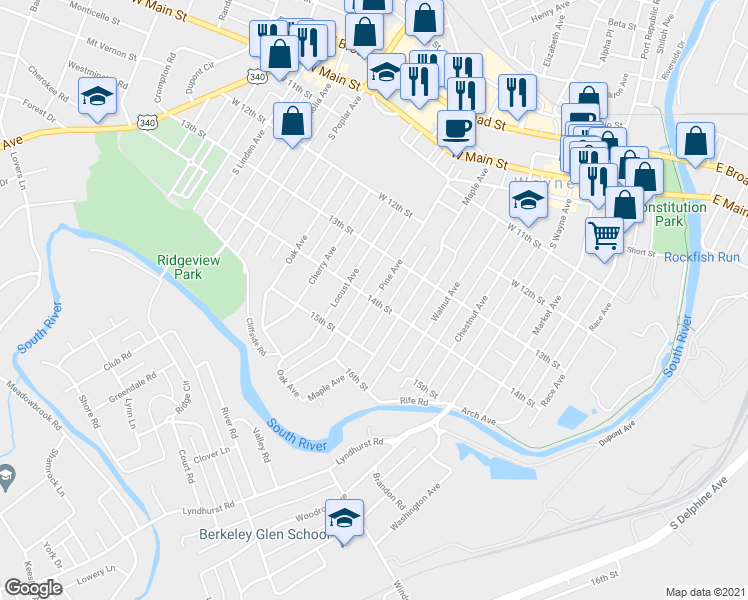 map of restaurants, bars, coffee shops, grocery stores, and more near 598 Pine Avenue in Waynesboro