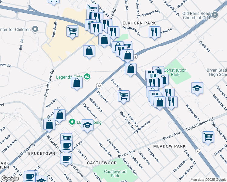 map of restaurants, bars, coffee shops, grocery stores, and more near 150 Northland Drive in Lexington