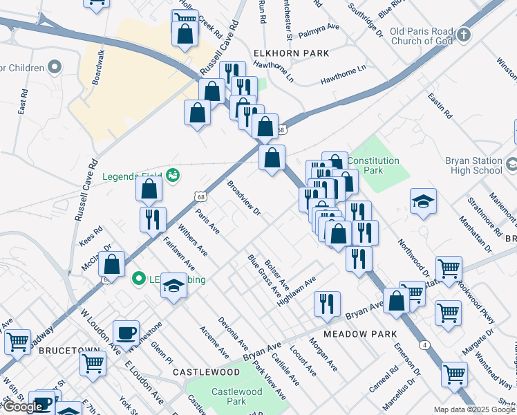 map of restaurants, bars, coffee shops, grocery stores, and more near 213 Broadview Drive in Lexington