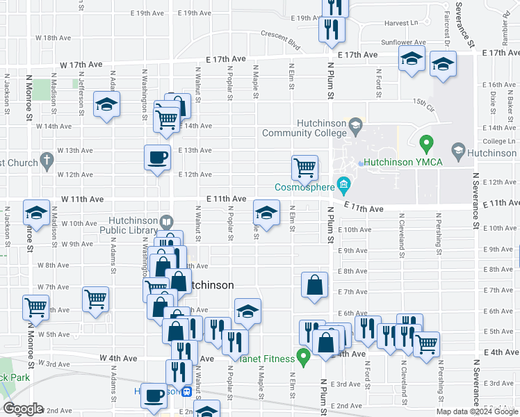 map of restaurants, bars, coffee shops, grocery stores, and more near 1020 North Maple Street in Hutchinson