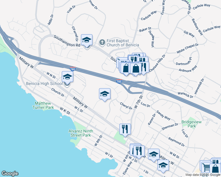 map of restaurants, bars, coffee shops, grocery stores, and more near 1445 Drolette Way in Benicia
