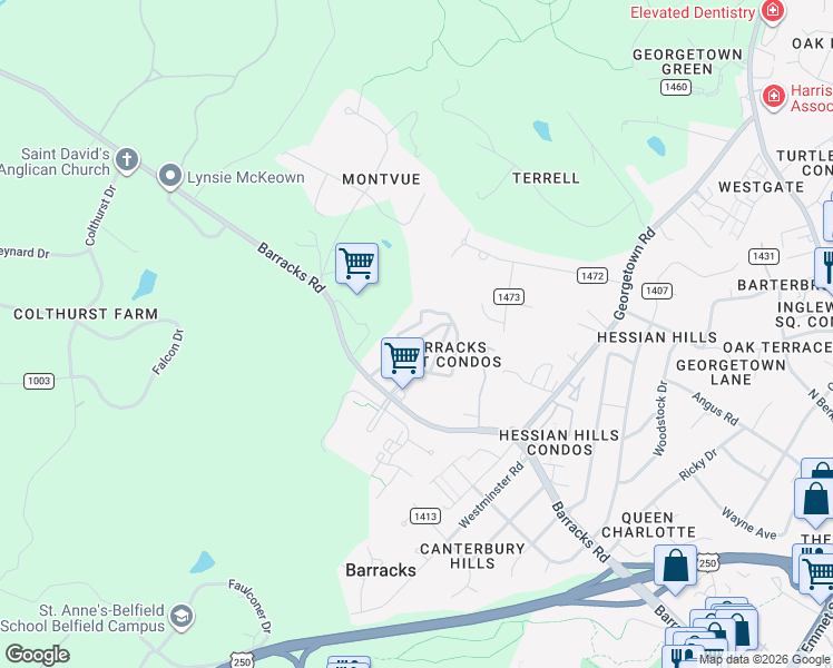 map of restaurants, bars, coffee shops, grocery stores, and more near 825 Runnel Court in Charlottesville