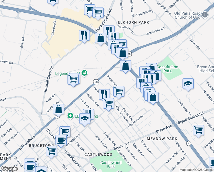 map of restaurants, bars, coffee shops, grocery stores, and more near 1401 Suncrest Avenue in Lexington