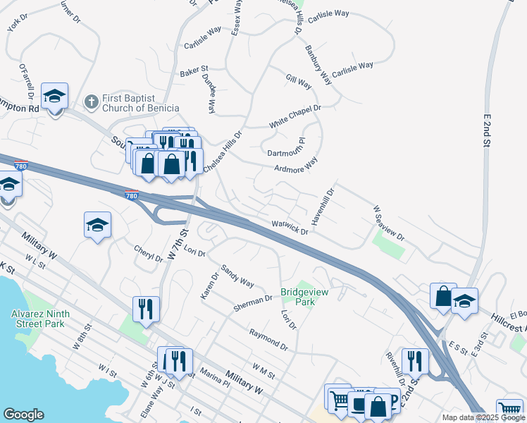 map of restaurants, bars, coffee shops, grocery stores, and more near 100 Sunset Circle in Benicia