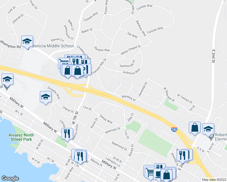 map of restaurants, bars, coffee shops, grocery stores, and more near 100 Sunset Circle in Benicia