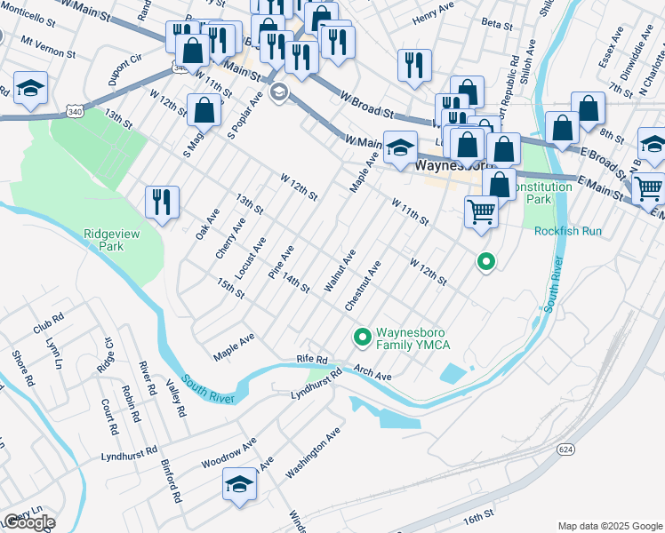 map of restaurants, bars, coffee shops, grocery stores, and more near 553 Walnut Avenue in Waynesboro