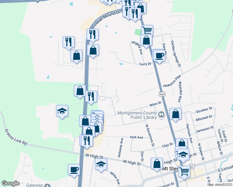 map of restaurants, bars, coffee shops, grocery stores, and more near 105 Briarwood Drive in Mount Sterling