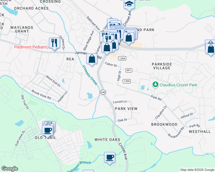 map of restaurants, bars, coffee shops, grocery stores, and more near 5700-5798 Apple Grove Lane in Crozet