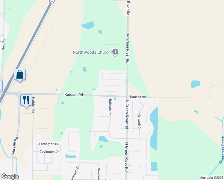 map of restaurants, bars, coffee shops, grocery stores, and more near 4466-4798 Kansas Road in Evansville