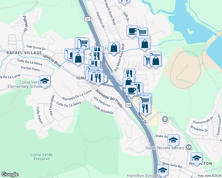 map of restaurants, bars, coffee shops, grocery stores, and more near 430 Alameda del Prado in Novato