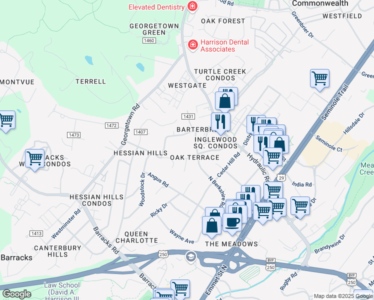 map of restaurants, bars, coffee shops, grocery stores, and more near 1700 Inglewood Drive in Charlottesville