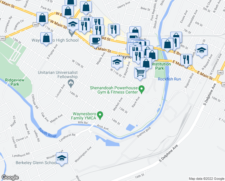 map of restaurants, bars, coffee shops, grocery stores, and more near 417 South Wayne Avenue in Waynesboro