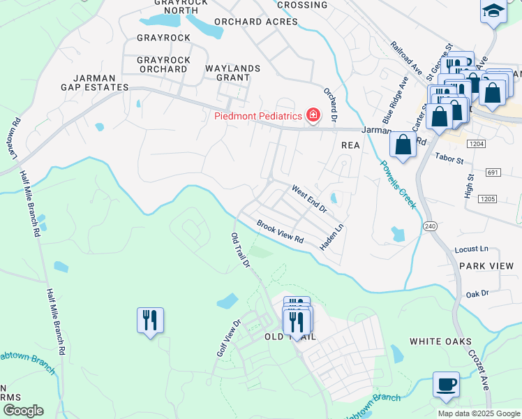 map of restaurants, bars, coffee shops, grocery stores, and more near 6900 Welbourne Lane in Crozet