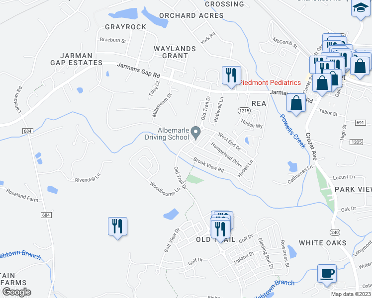 map of restaurants, bars, coffee shops, grocery stores, and more near 1511 Old Trail Drive in Crozet