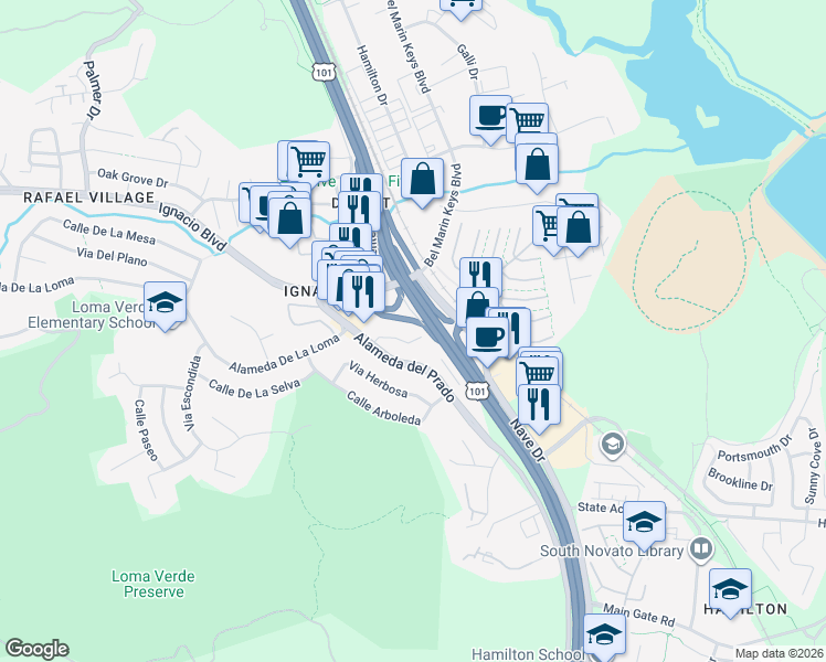 map of restaurants, bars, coffee shops, grocery stores, and more near 430 Alameda del Prado in Novato