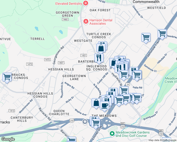 map of restaurants, bars, coffee shops, grocery stores, and more near 2321 County Road 1431 in Charlottesville