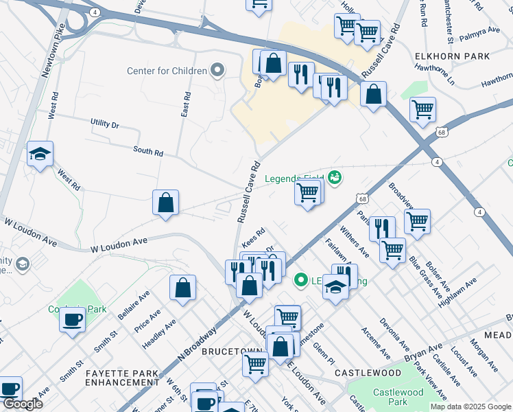 map of restaurants, bars, coffee shops, grocery stores, and more near 1101 Kees Road in Lexington