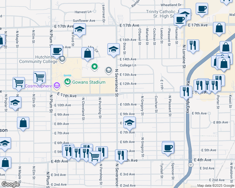 map of restaurants, bars, coffee shops, grocery stores, and more near 906 East 10th Avenue in Hutchinson