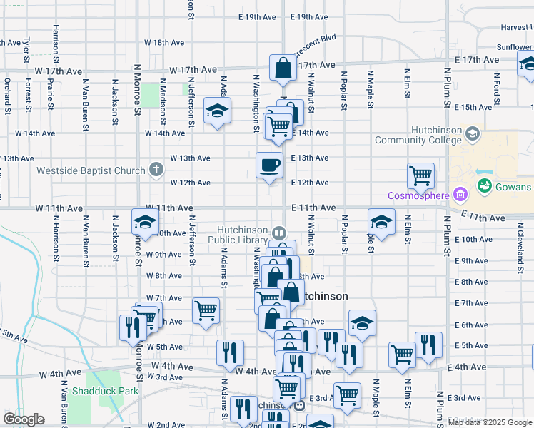 map of restaurants, bars, coffee shops, grocery stores, and more near 100 West 10th Avenue in Hutchinson