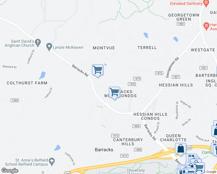 map of restaurants, bars, coffee shops, grocery stores, and more near 425 Burgoyne Road in Charlottesville