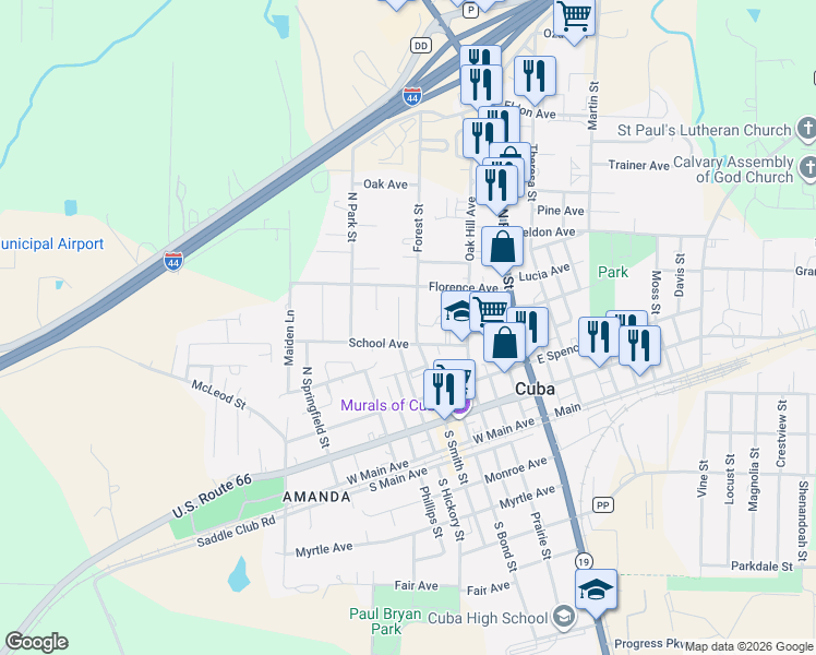 map of restaurants, bars, coffee shops, grocery stores, and more near 202 North Smith Street in Cuba