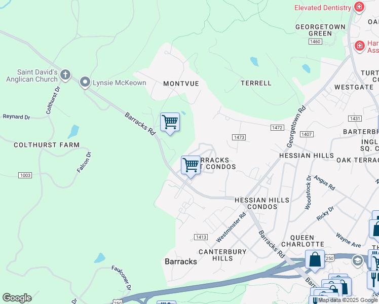 map of restaurants, bars, coffee shops, grocery stores, and more near 425 Burgoyne Road in Charlottesville